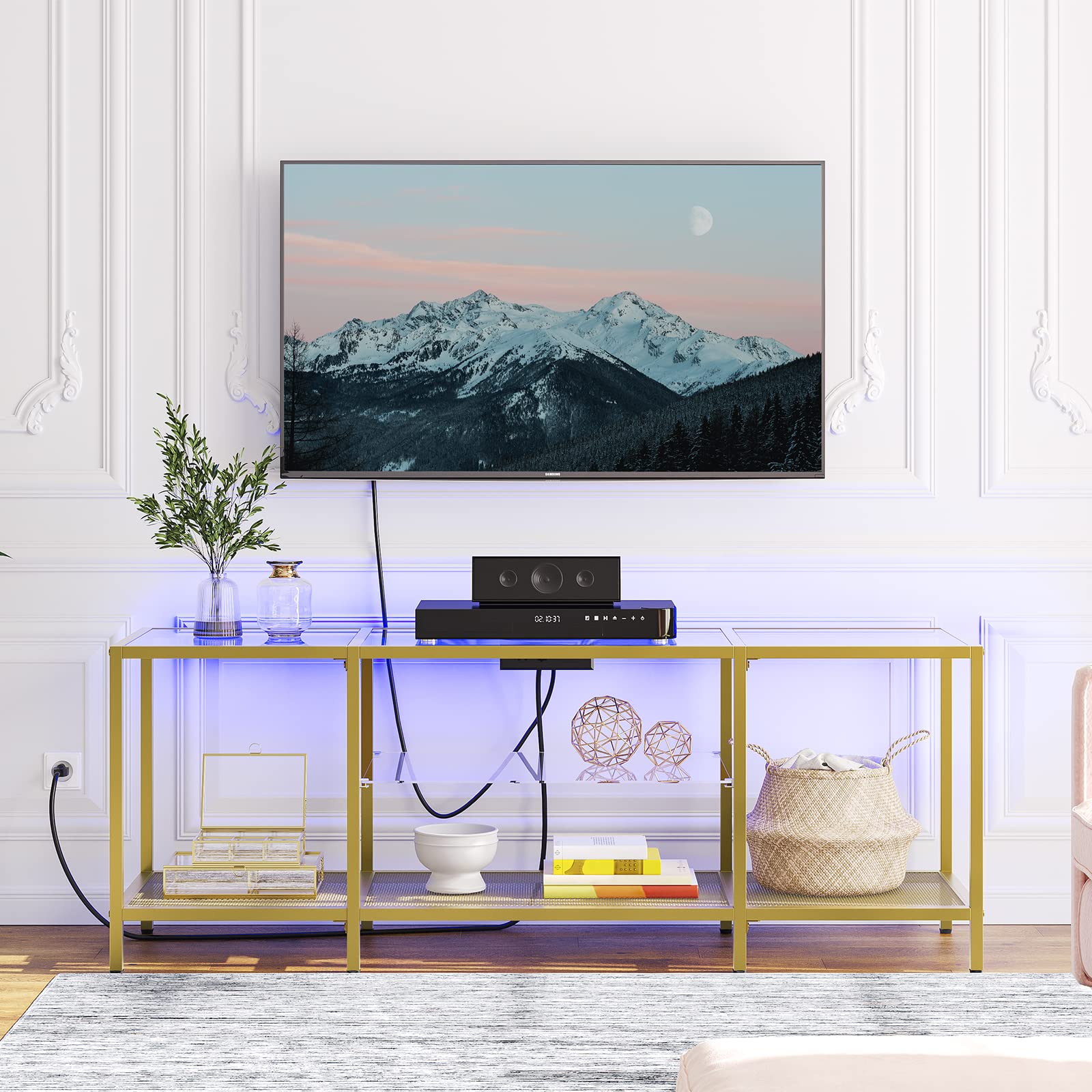 HOOBRO TV Stand with LED Lights and Power Outlets for TVs up to 75", Modern 70.9 Inch Tempered Glass TV Console Table with Open Shelves, Media Entertainment Center for Living Room, Gold GD185UDS01
