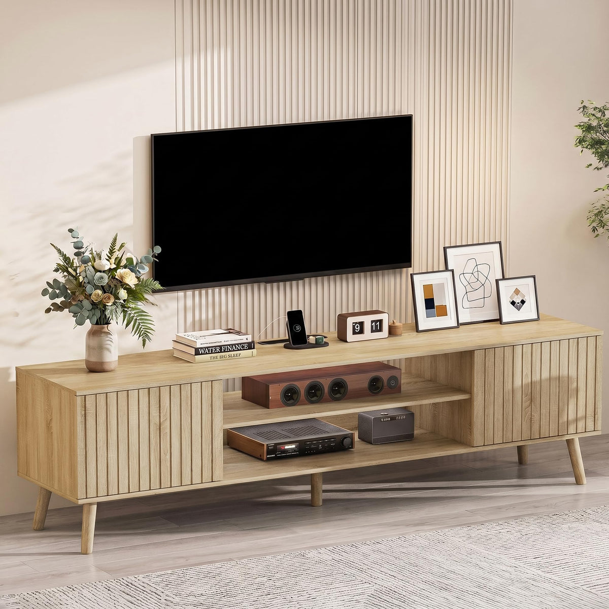 YOSHOOT 63" TV Stand for Living Room, Mid Century Modern Entertainment Center with Power Outlet Fit TVs Up to 70 inch, Fluted Media Console with Open Shelves and Storage Cabinets for Bedroom, Natural