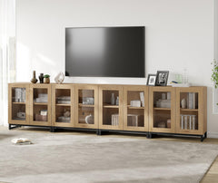 WAMPAT Modern TV Stand with Glass Doors for 80-120 inch TVs, 4 in 1 Entertainment Center Console with 4 Drawers and Metal Base for Living Room, Bedroom, Brown