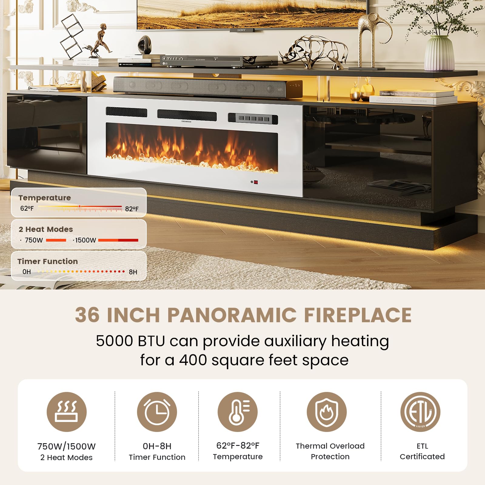 Nordivale 70" Fireplace TV Stand, Modern Entertainment Center for TVs Up to 80”, TV Console with Storage Cabinets, Media Console for Living Room, Black TV Stand and Black Fireplace
