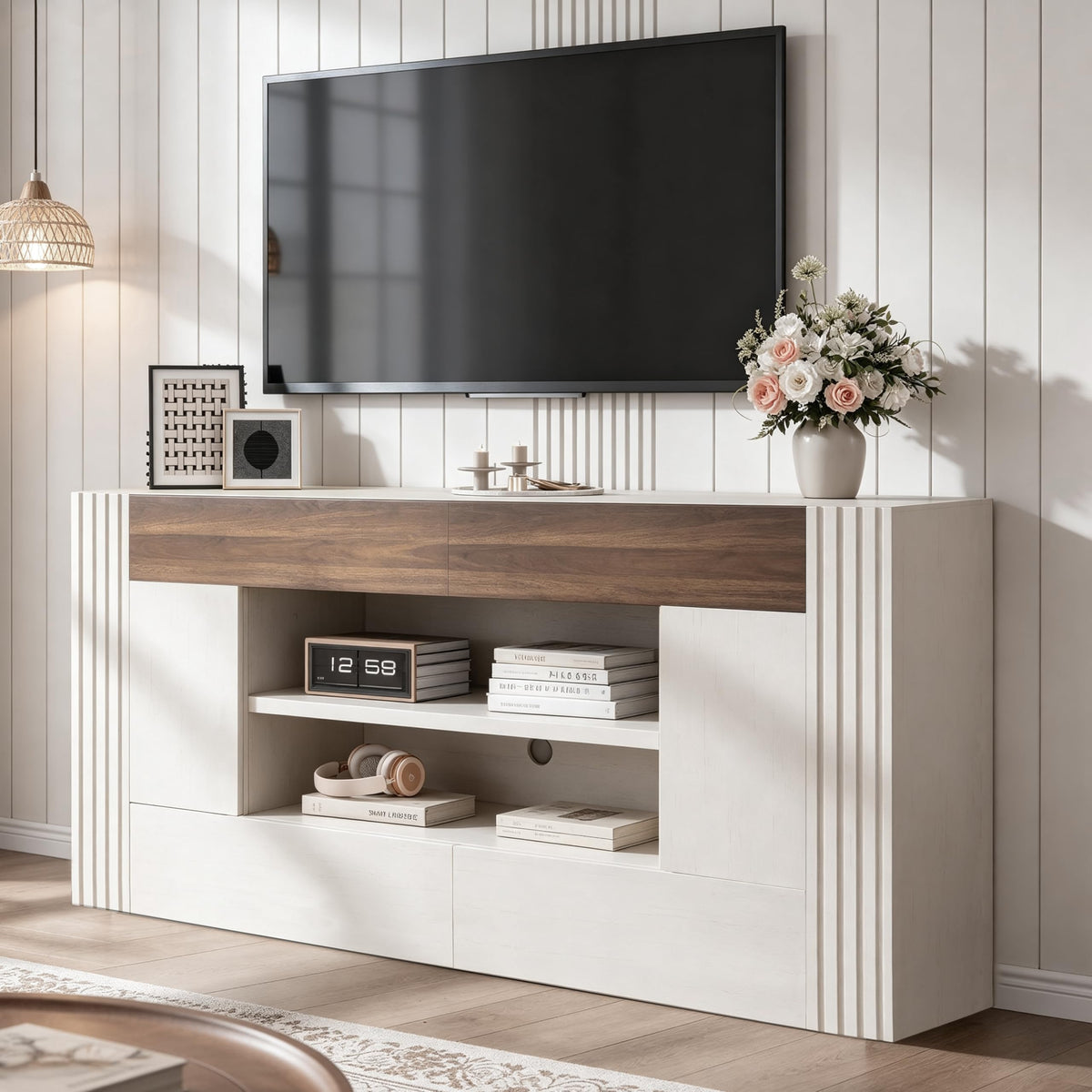 OneBlis Modern 70" TV Stand for TVs up to 80", Entertainment Center with 2 Drawers & 2 Side Cabinets, Media Console with 2-Tier Open Storage Shelves and Cable Management, Antique White & Walnut