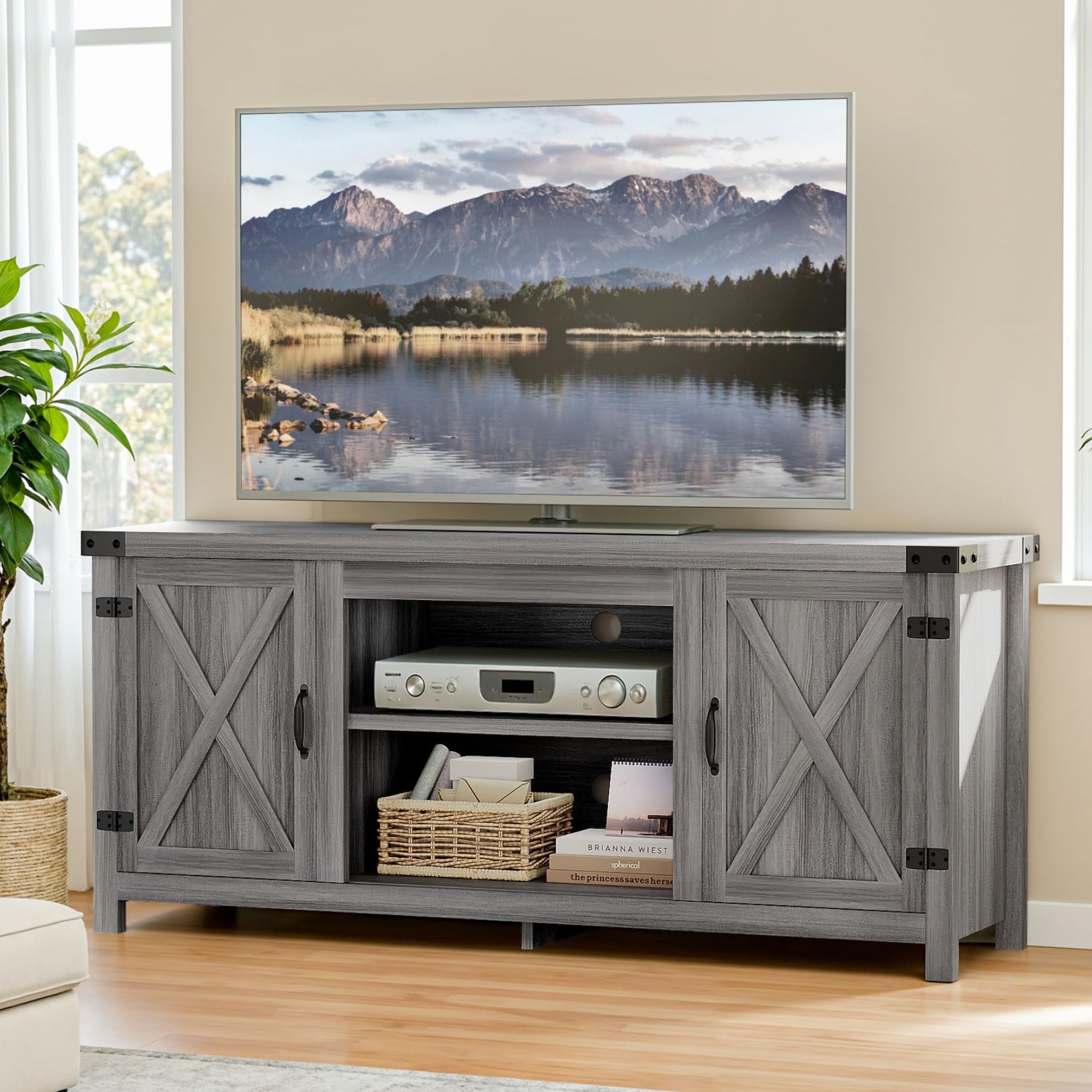 YESHOMY Modern Farmhouse TV Stand with Barn Door for 65 Inch TV, Gray Wash