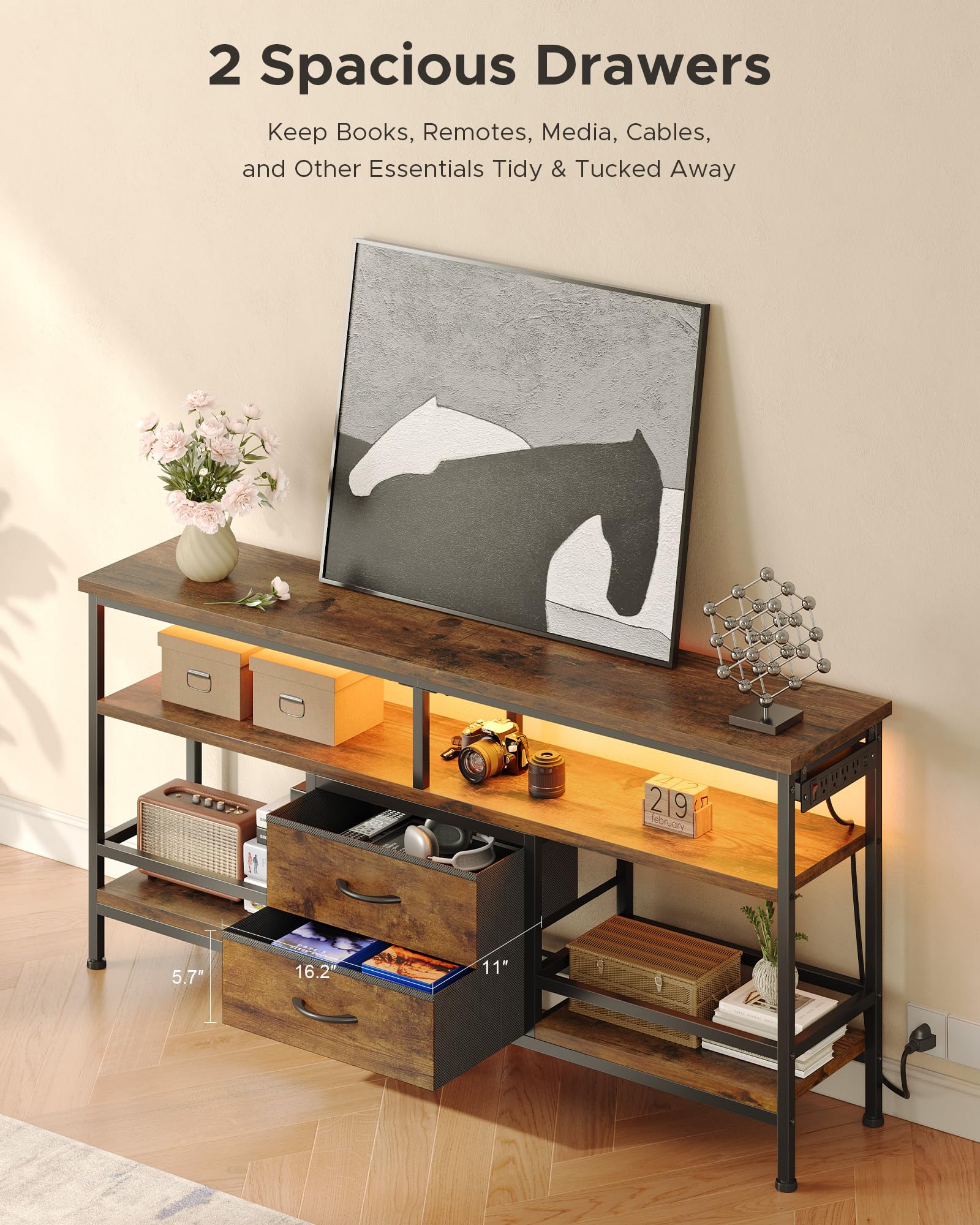 Lazzanto 63in TV Stand for 55-75in TVs, LED Lights, Charging Station, Black