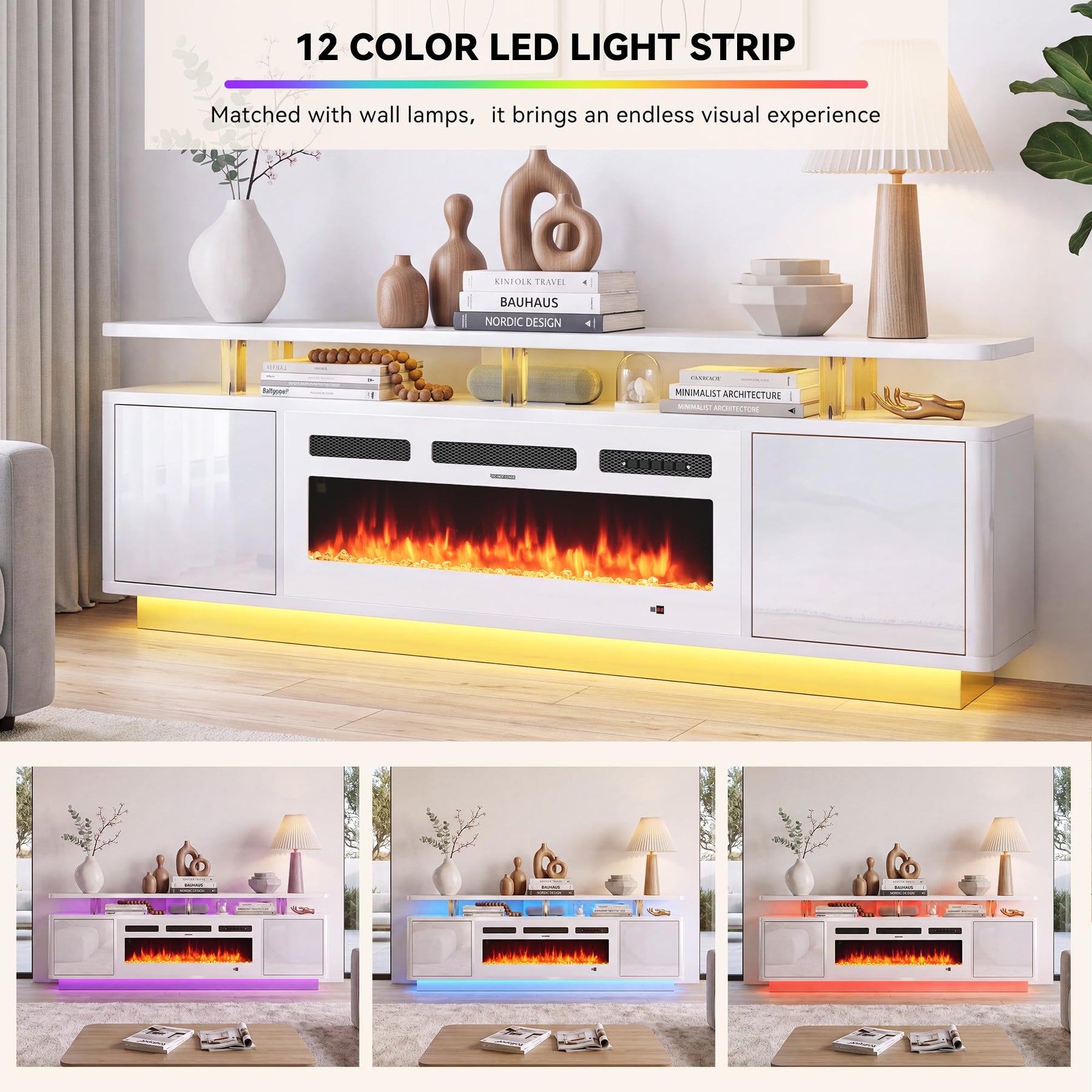 OneBlis 70" Fireplace TV Stand with Double LED Lights for TVs UP to 80", Electric Fireplace Entertainment Center with Storage Cabinets, TV Console for Living Room, Office, Black1