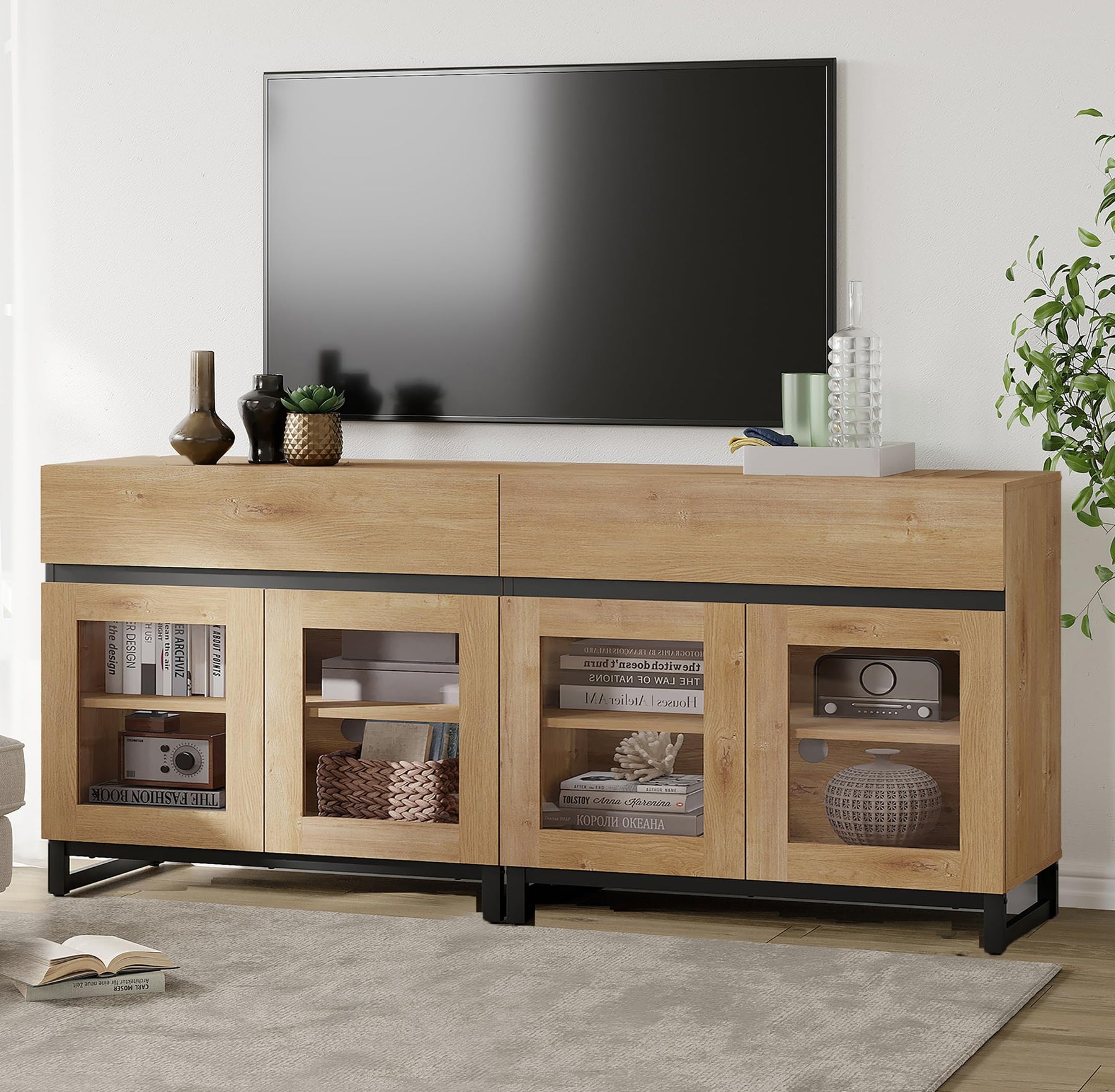 WAMPAT Modern TV Stand with Glass Doors for 80-120 inch TVs, 4 in 1 Entertainment Center Console with 4 Drawers and Metal Base for Living Room, Bedroom, Brown