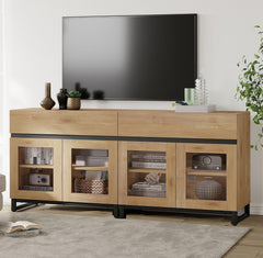 WAMPAT Modern TV Stand with Glass Doors for 80-120 inch TVs, 4 in 1 Entertainment Center Console with 4 Drawers and Metal Base for Living Room, Bedroom, Brown