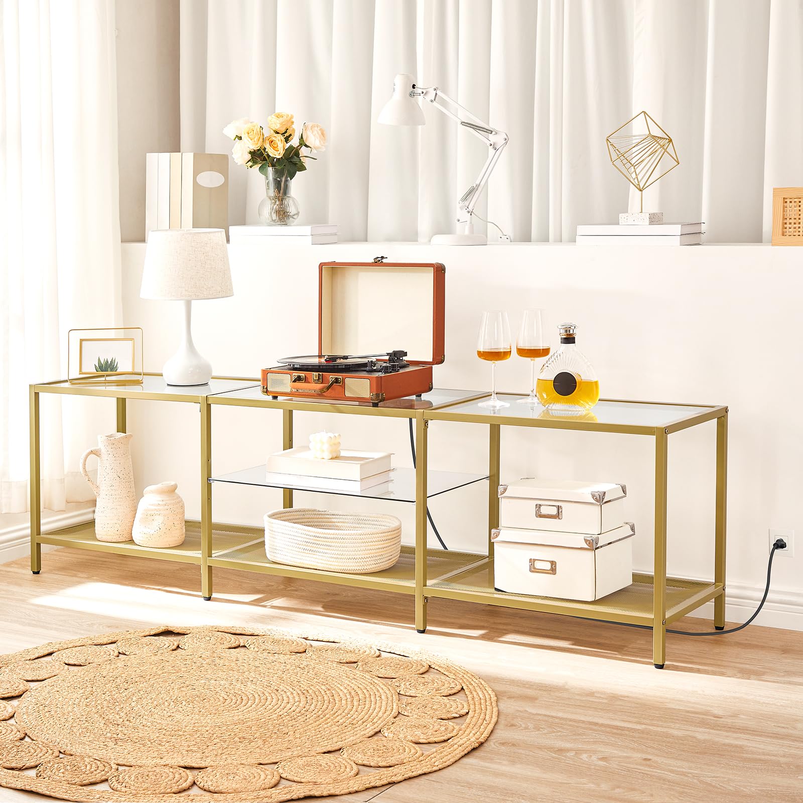 HOOBRO TV Stand with LED Lights and Power Outlets for TVs up to 75", Modern 70.9 Inch Tempered Glass TV Console Table with Open Shelves, Media Entertainment Center for Living Room, Gold GD185UDS01