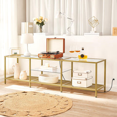 HOOBRO TV Stand with LED Lights and Power Outlets for TVs up to 75", Modern 70.9 Inch Tempered Glass TV Console Table with Open Shelves, Media Entertainment Center for Living Room, Gold GD185UDS01