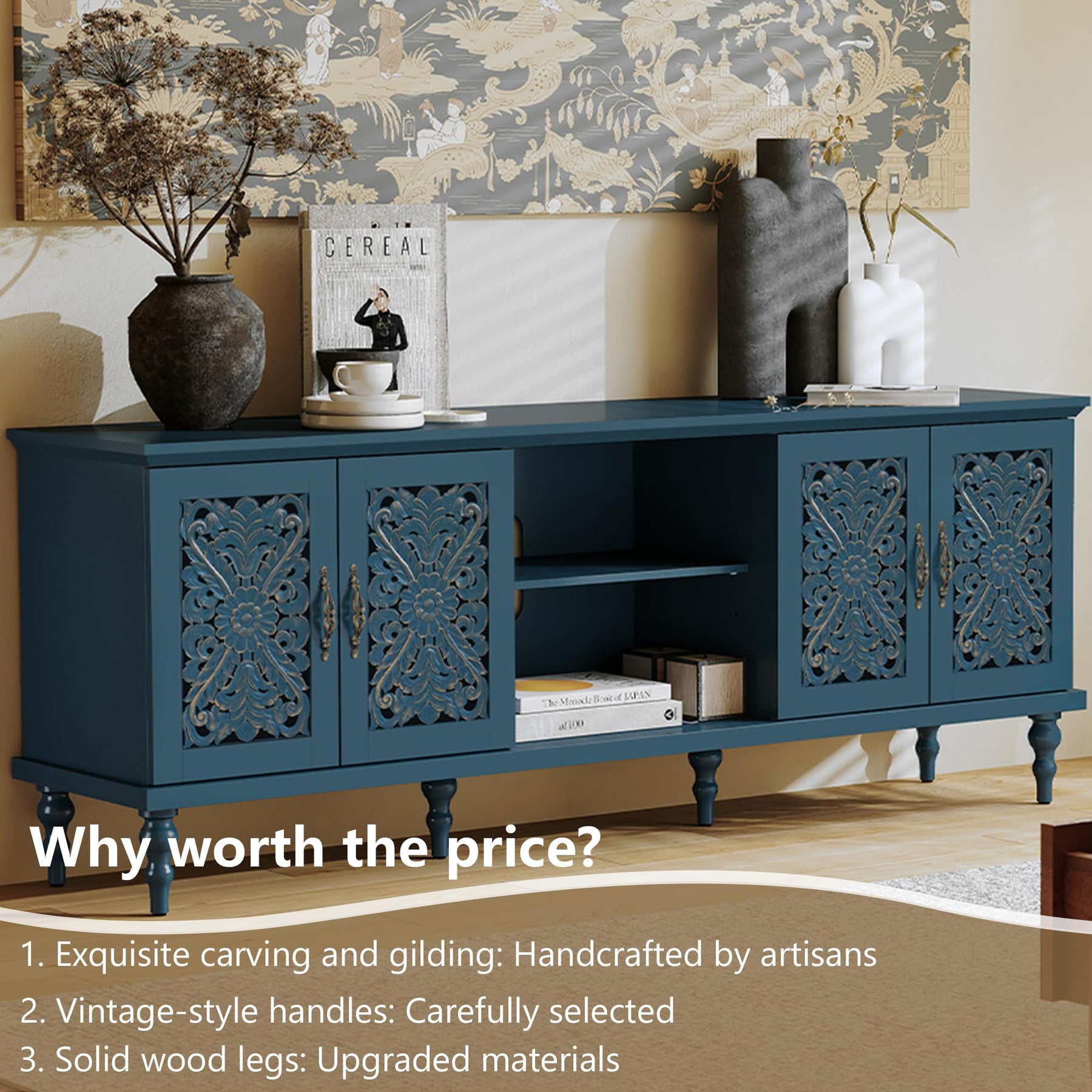 ARTPOWER 67" Retro TV Stand with Hollow Carved Doors for Living Room, Blue