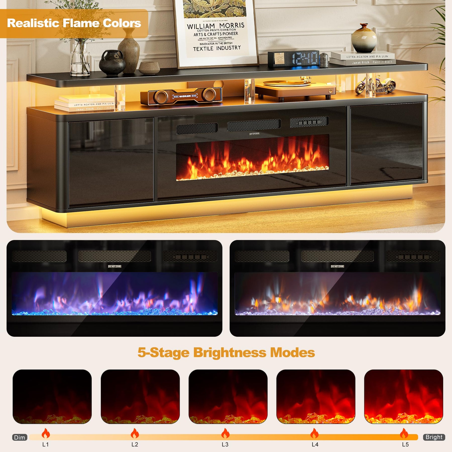 OneBlis 70" Fireplace TV Stand with Double LED Lights for TVs UP to 80", Electric Fireplace Entertainment Center with Storage Cabinets, TV Console for Living Room, Office, Black1
