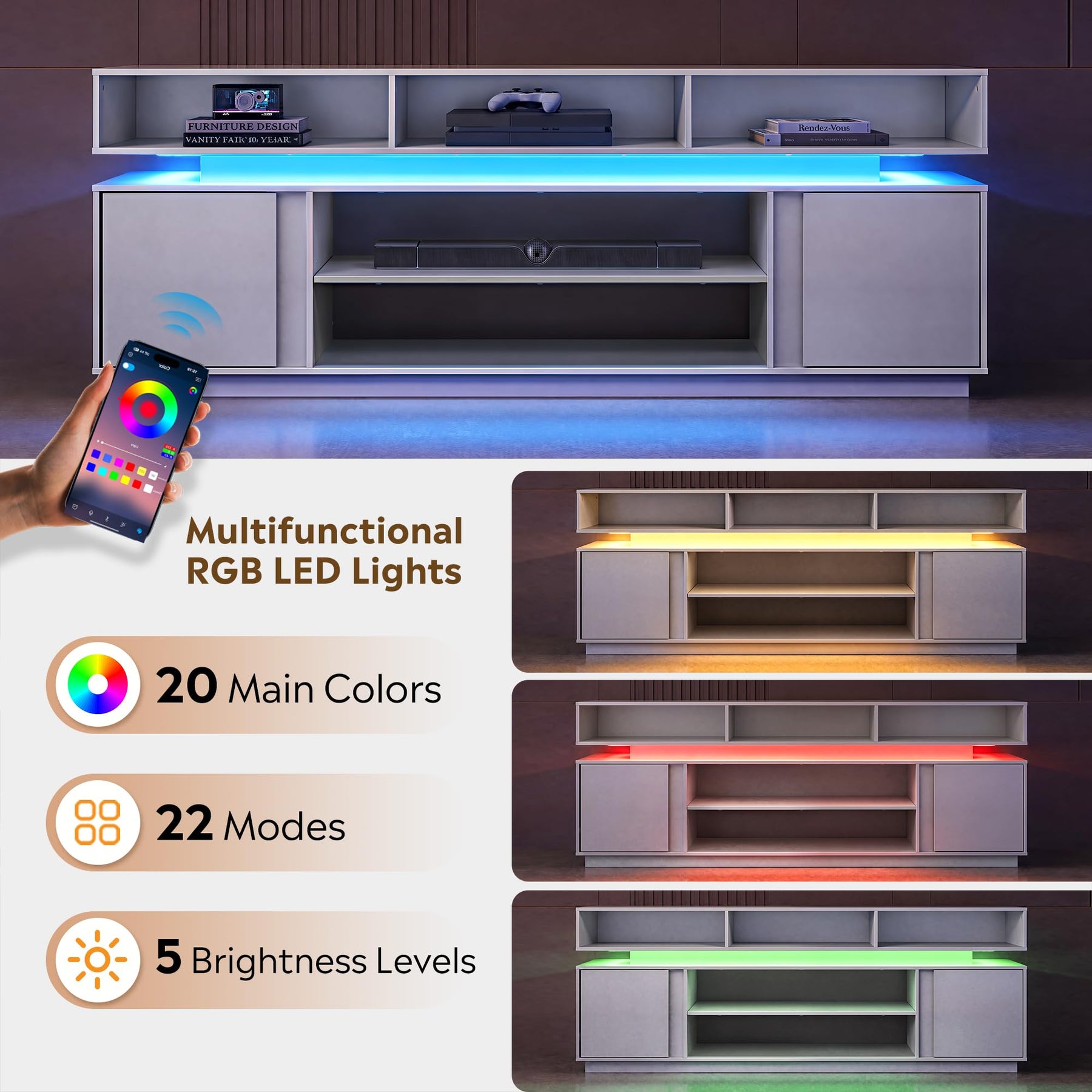 WLIVE Modern TV Stand for 75 Inch TV, 2 Tier Entertainment Center with RGB LED Lights & Storage Cabinets, Media TV Console Gaming Television Stands for Living Room, Bedroom, Black