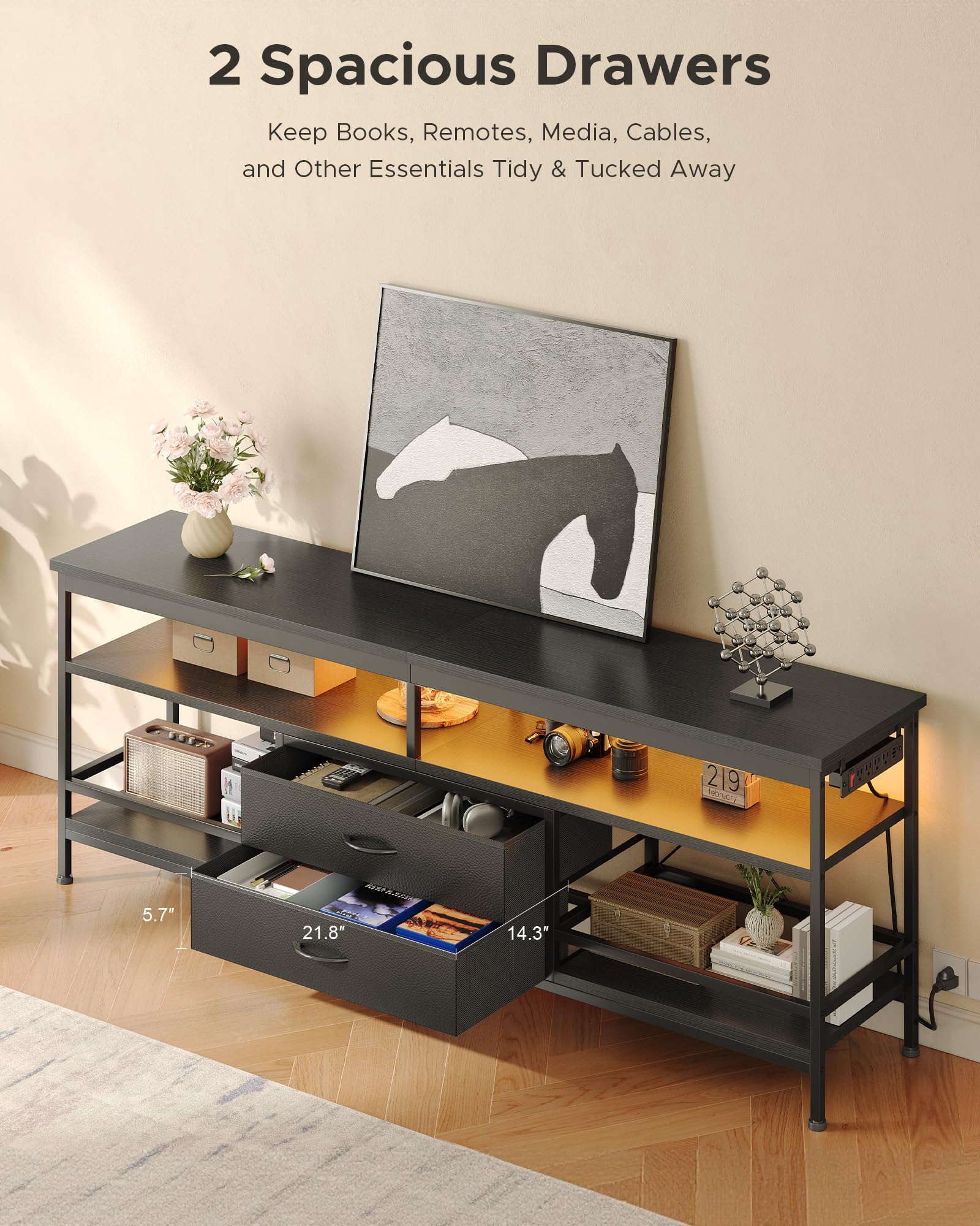 Lazzanto 63in TV Stand for 55-75in TVs, LED Lights, Charging Station, Black