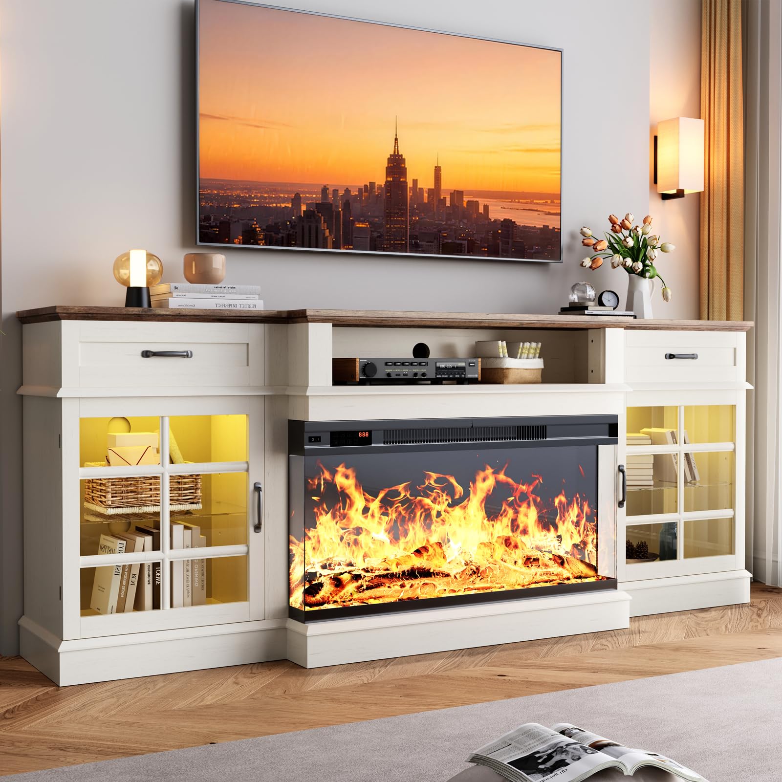 MXV 70" Fireplace TV Stand, 3-Sided Glass Fireplace and Modern Entertainment Center, Wooden Media Console with Glass Doors & Storage Drawers, LED Light, for Living Room, Antique White