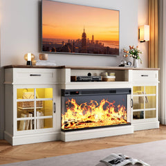 MXV 70" Fireplace TV Stand, 3-Sided Glass Fireplace and Modern Entertainment Center, Wooden Media Console with Glass Doors & Storage Drawers, LED Light, for Living Room, Antique White