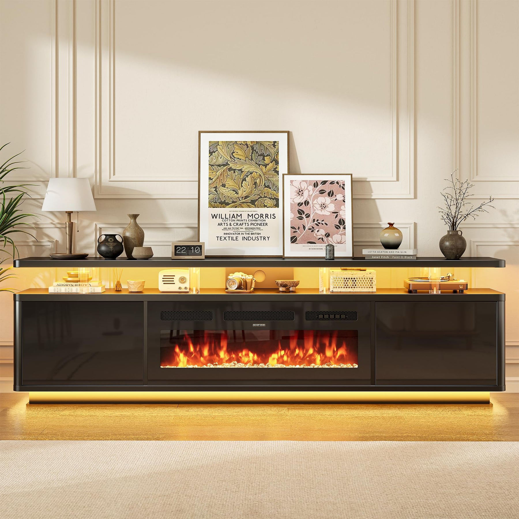 OneBlis 70" Fireplace TV Stand with Double LED Lights for TVs UP to 80", Electric Fireplace Entertainment Center with Storage Cabinets, TV Console for Living Room, Office, Black1