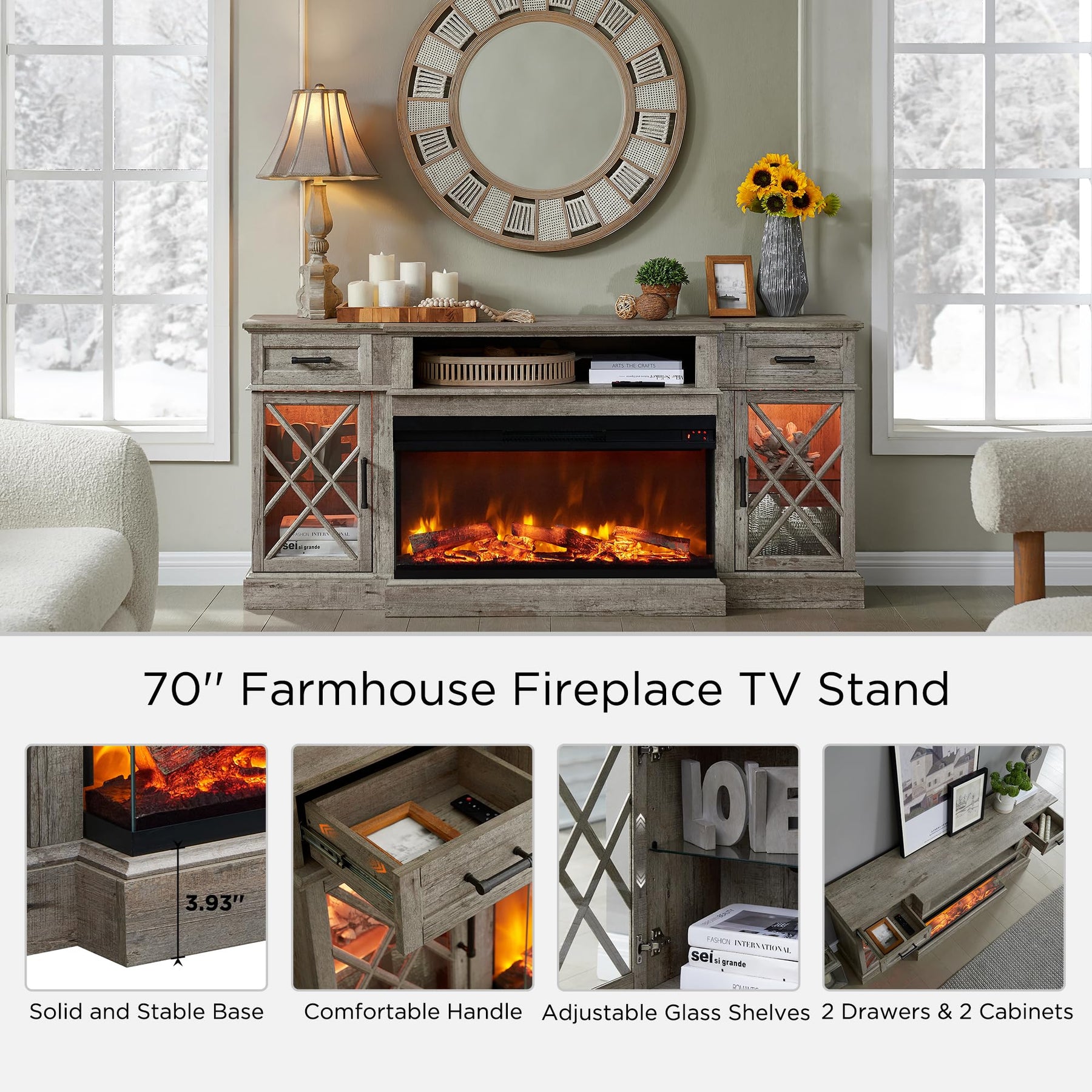 OKD 3-Sided Glass Farmhouse Electric Fireplace TV Stand for TVs up to 80'', Highboy Entertainment Center with Glass Door Storage Cabinet, 70'' Large TV Stands with 36'' Fireplace, Antique White