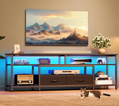 Huuger 63 Inch LED TV Stand for 65 70 Inch TV, Entertainment Center with Open Shelves and Power Outlets, TV Console for Living Room, Media Console with Drawers, Black