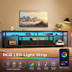Huuger 63 Inch LED TV Stand for 65 70 Inch TV, Entertainment Center with Open Shelves and Power Outlets, TV Console for Living Room, Media Console with Drawers, Black