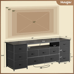 Huuger 63 Inch TV Stand for 65, 70 Inch TV, 11 Drawer Long Dresser with Power Outlets and LED Lights, Entertainment Center with Storage, Black Dresser with PU Leather Surface