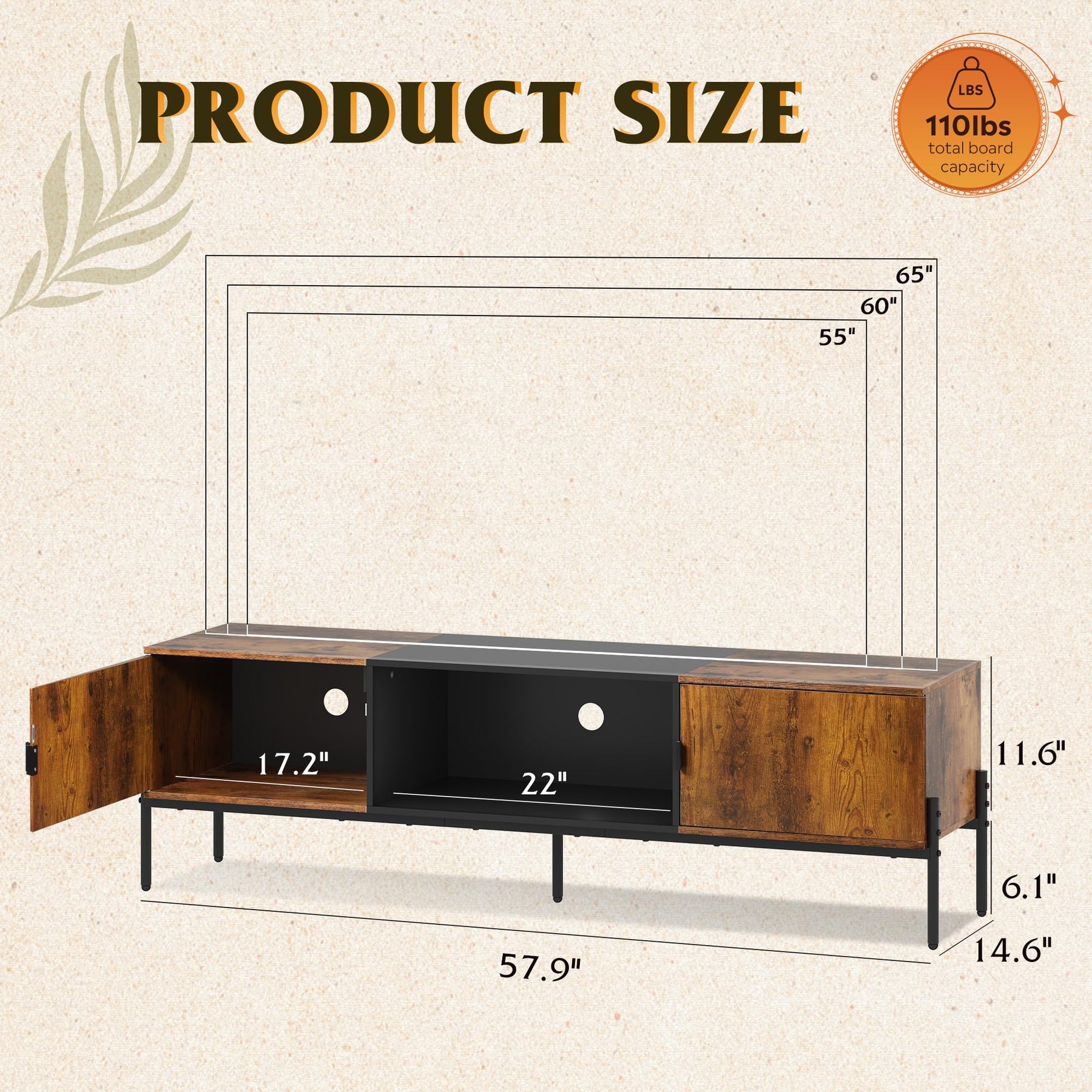 WLIVE 58" TV Stand for 65 Inch TVs, Mid Century Modern Entertainment Center with 2 Storage Cabinets & Open Shelf, Media Console Table with Metal Legs for Living Room, Bedroom, Rustic Brown