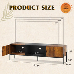 WLIVE 58" TV Stand for 65 Inch TVs, Mid Century Modern Entertainment Center with 2 Storage Cabinets & Open Shelf, Media Console Table with Metal Legs for Living Room, Bedroom, Rustic Brown