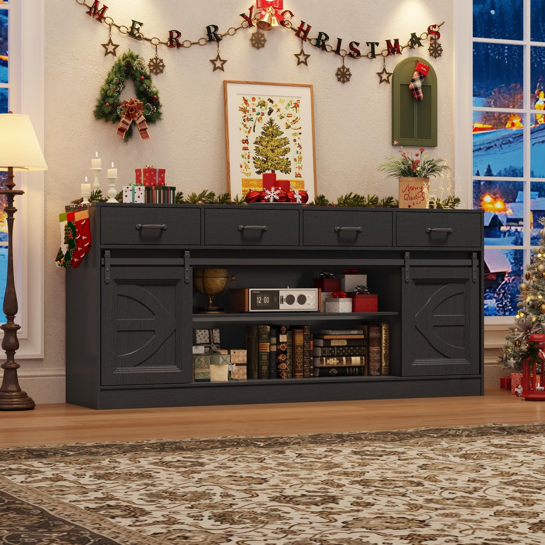70" Large Farmhouse Tall TV Stand for 85/80/75/70 Inch TVs,4 Drawers,Brown