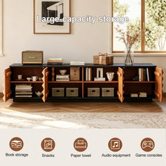 Upwivkre 85 Inch Mid-Century Modern TV Stand, Black Walnut Entertainment Center with Diamond Pattern Doors, Storage Cabinets & Media Console for Living Room