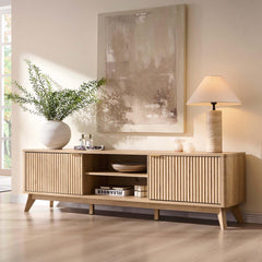 OKD 70" Mid Century Modern Fluted TV Stand w/ 2 Soft Close Door,Natural Oak