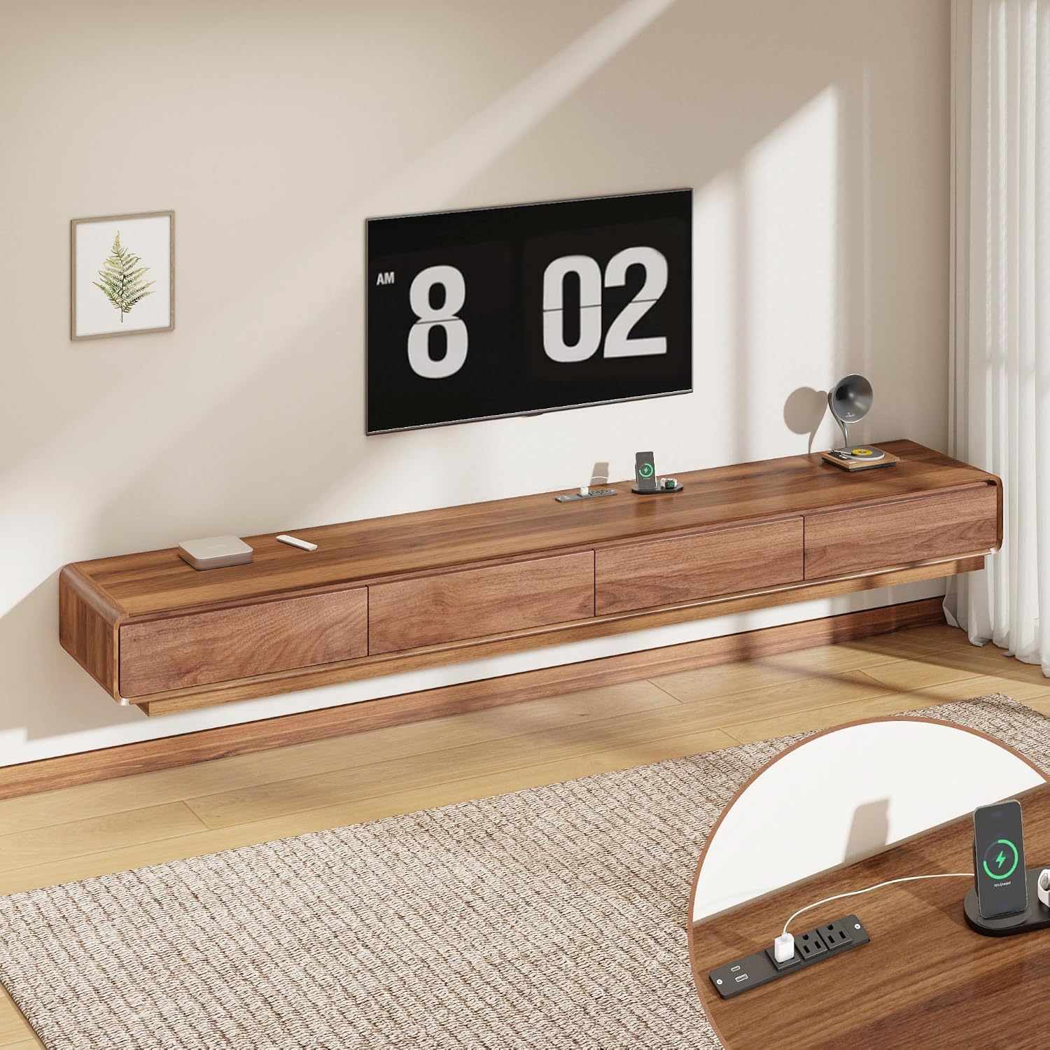 CayugaCrekrd 102.4'' Minimalist Floating TV Stand with Power Outlet, Modern Wall-Mounted Entertainment Center for TVs up to 100 Inches, Media Console with Rounded-Corner Design, Walnut and Black