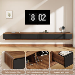 CayugaCrekrd 102.4'' Minimalist Floating TV Stand with Power Outlet, Modern Wall-Mounted Entertainment Center for TVs up to 100 Inches, Media Console with Rounded-Corner Design, Walnut and Black