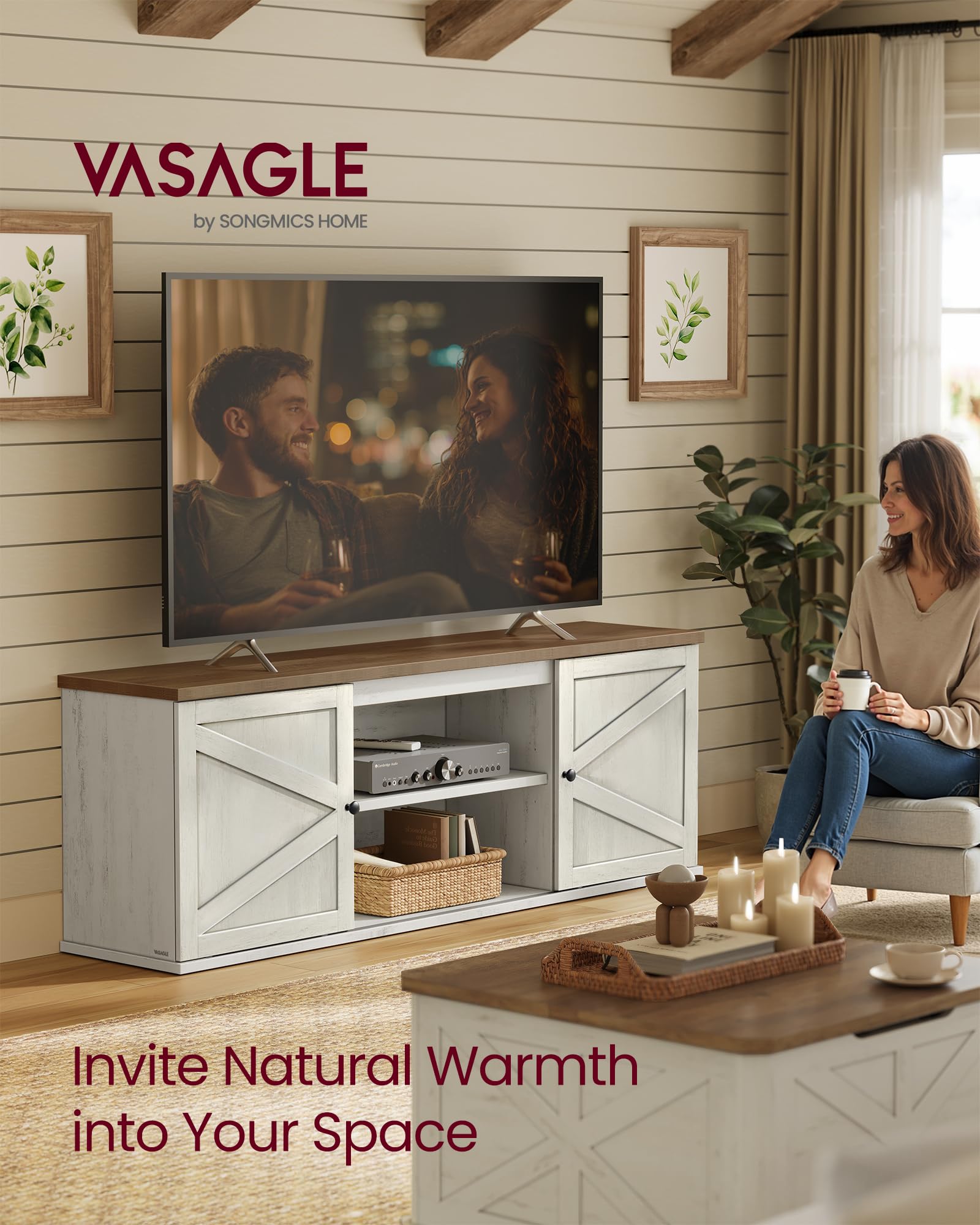 VASAGLE Farmhouse TV Stand for TVs up to 65 Inches, Entertainment Center with Storage Cabinets and Sliding Barn Doors, Media Console Table for Living Room, Honey Brown ULTV535K101