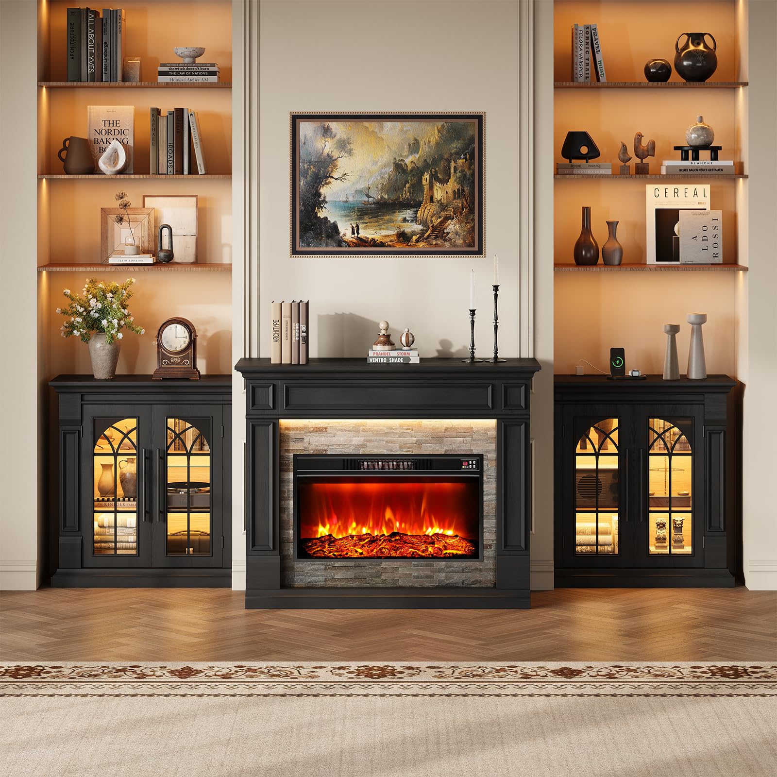 HolliWill 104" Fireplace TV Stand for TVs Up to 100 Inch, LED Electric Fireplace with Mantel and Sideboard Cabinets, Entertainment Center with 4 Glass Doors and Outlet, Modern for Living Room