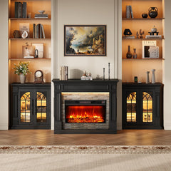 HolliWill 104" Fireplace TV Stand for TVs Up to 100 Inch, LED Electric Fireplace with Mantel and Sideboard Cabinets, Entertainment Center with 4 Glass Doors and Outlet, Modern for Living Room