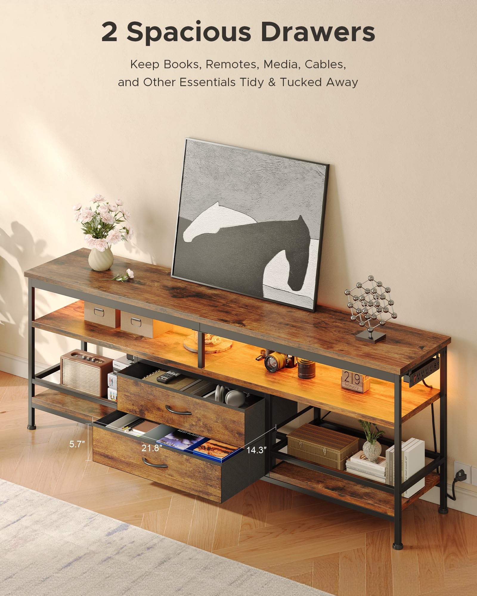 Lazzanto 63in TV Stand for 55-75in TVs, LED Lights, Charging Station, Black