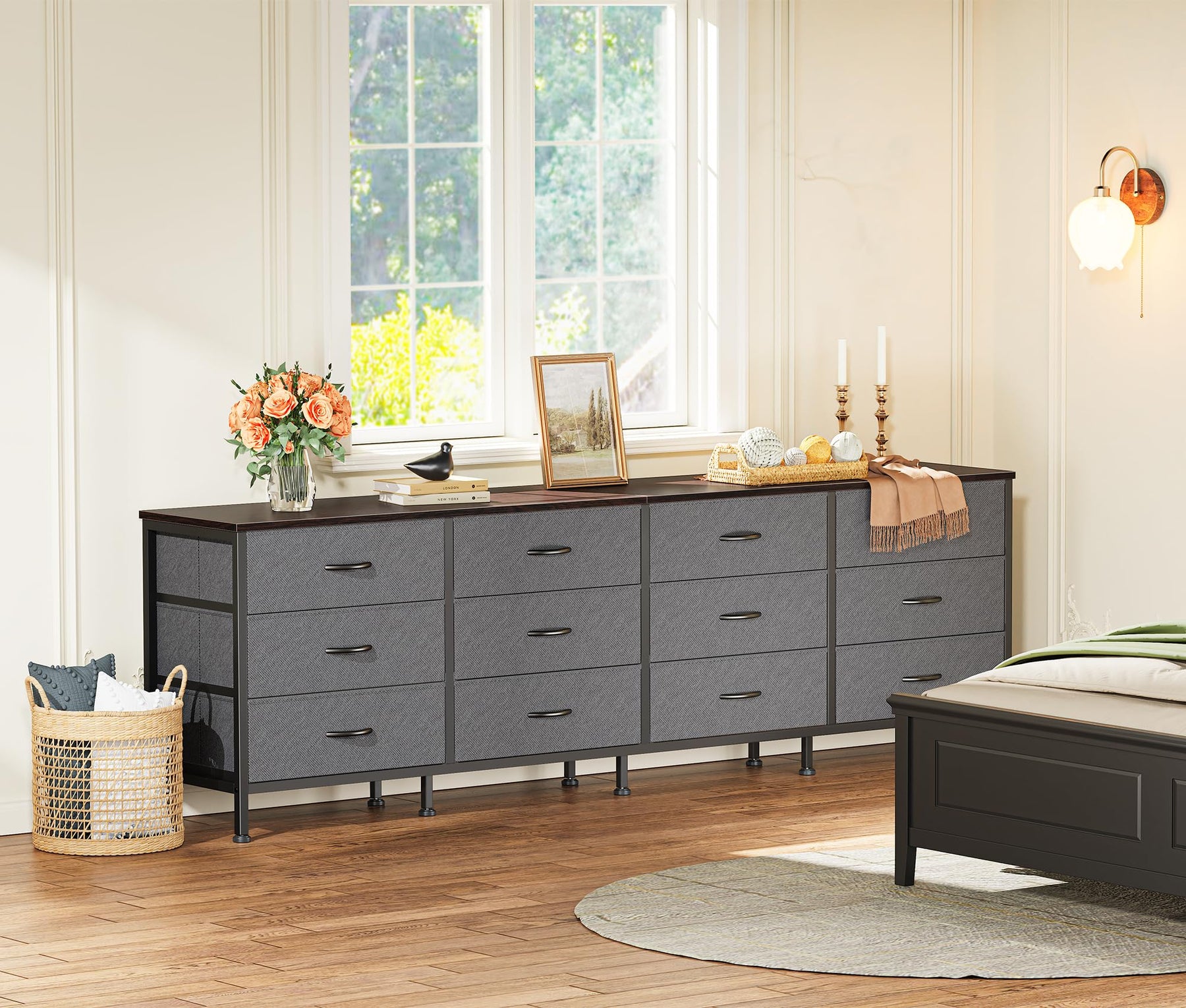 Huuger 70 Inch Dresser for Bedroom, TV Stand for 65, 75, 80 Inch TV, 12 Fabric Drawer Long Dresser, Large Entertainment Center for Bedroom, Wide Chest of Drawer with Storage, Rustic Brown