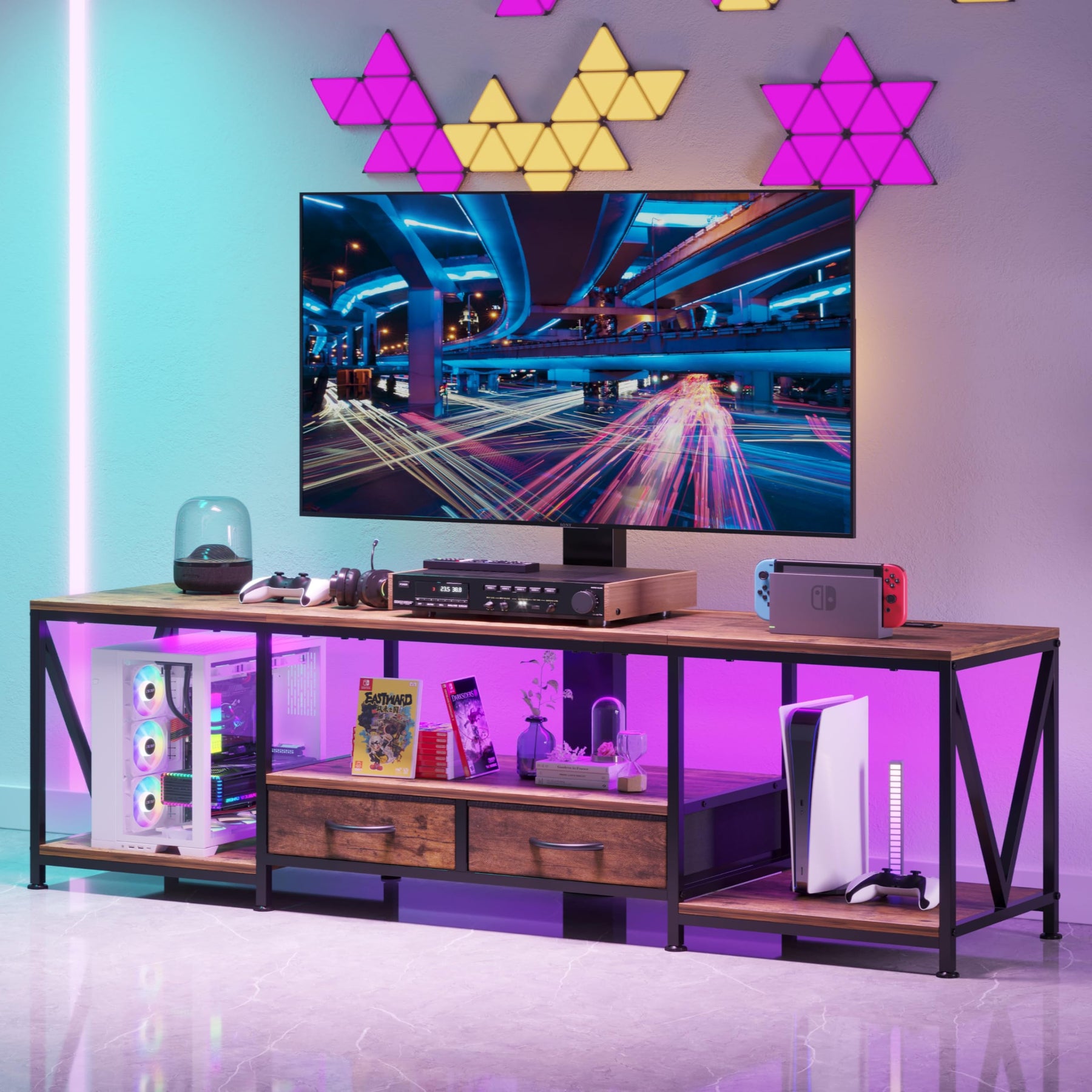 NinPeen 63" W TV Stand with Mount,LED & Charging Station for 55,65,75" TV