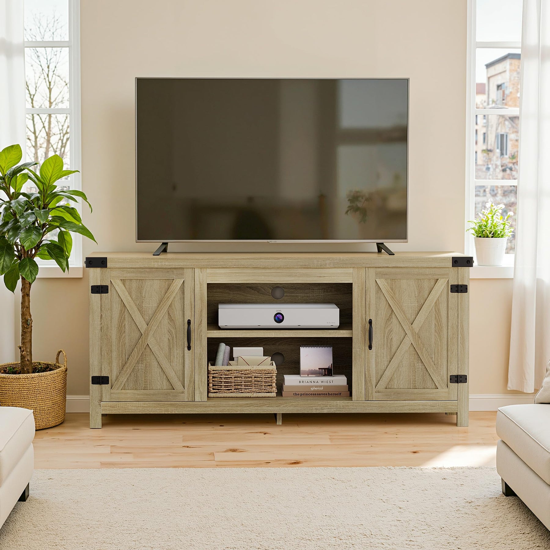 YESHOMY Modern Farmhouse TV Stand with Barn Door for 65 Inch TV, Gray Wash