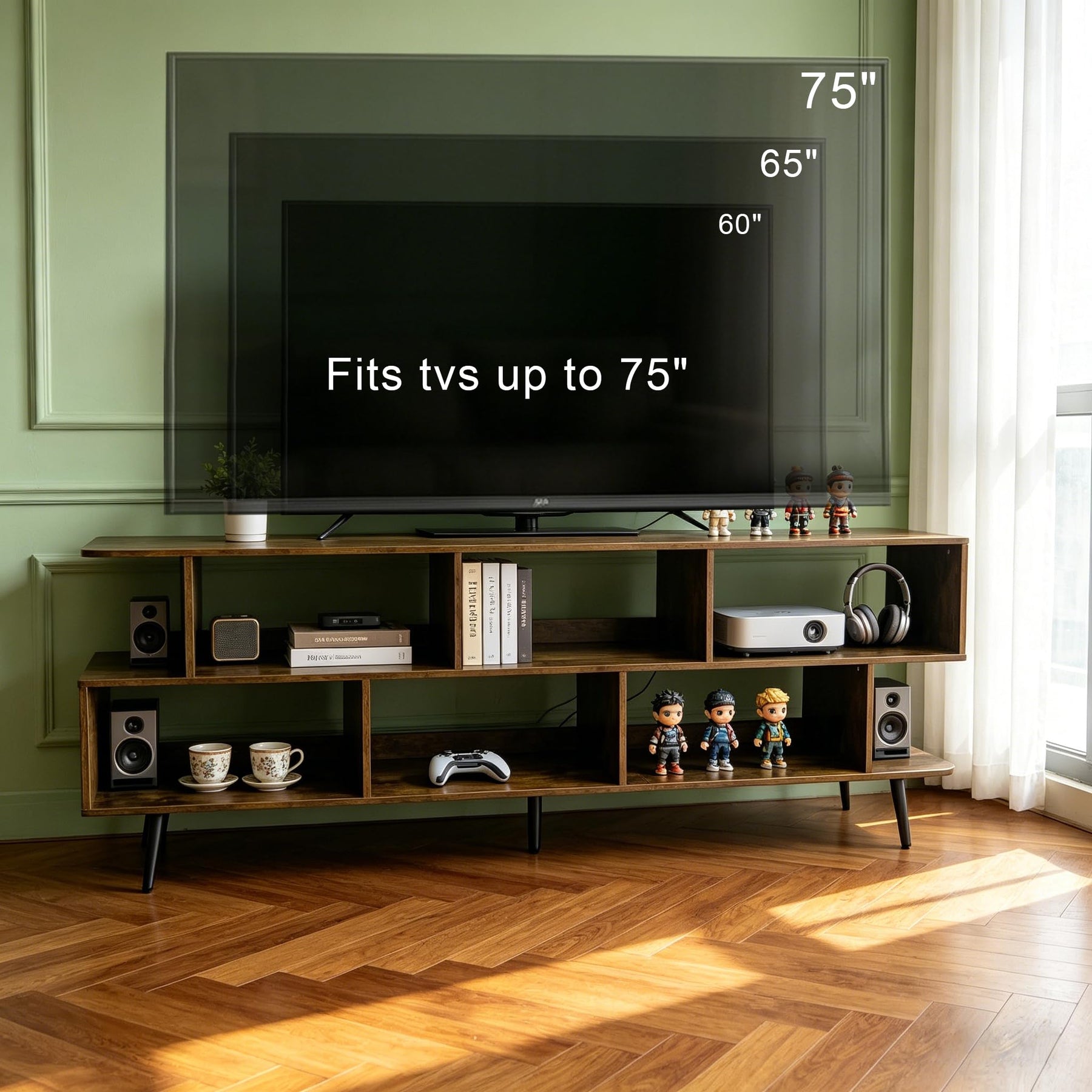 ACOHOOK Walnut 60" Mid-Century TV Stand with Storage Open Shelf