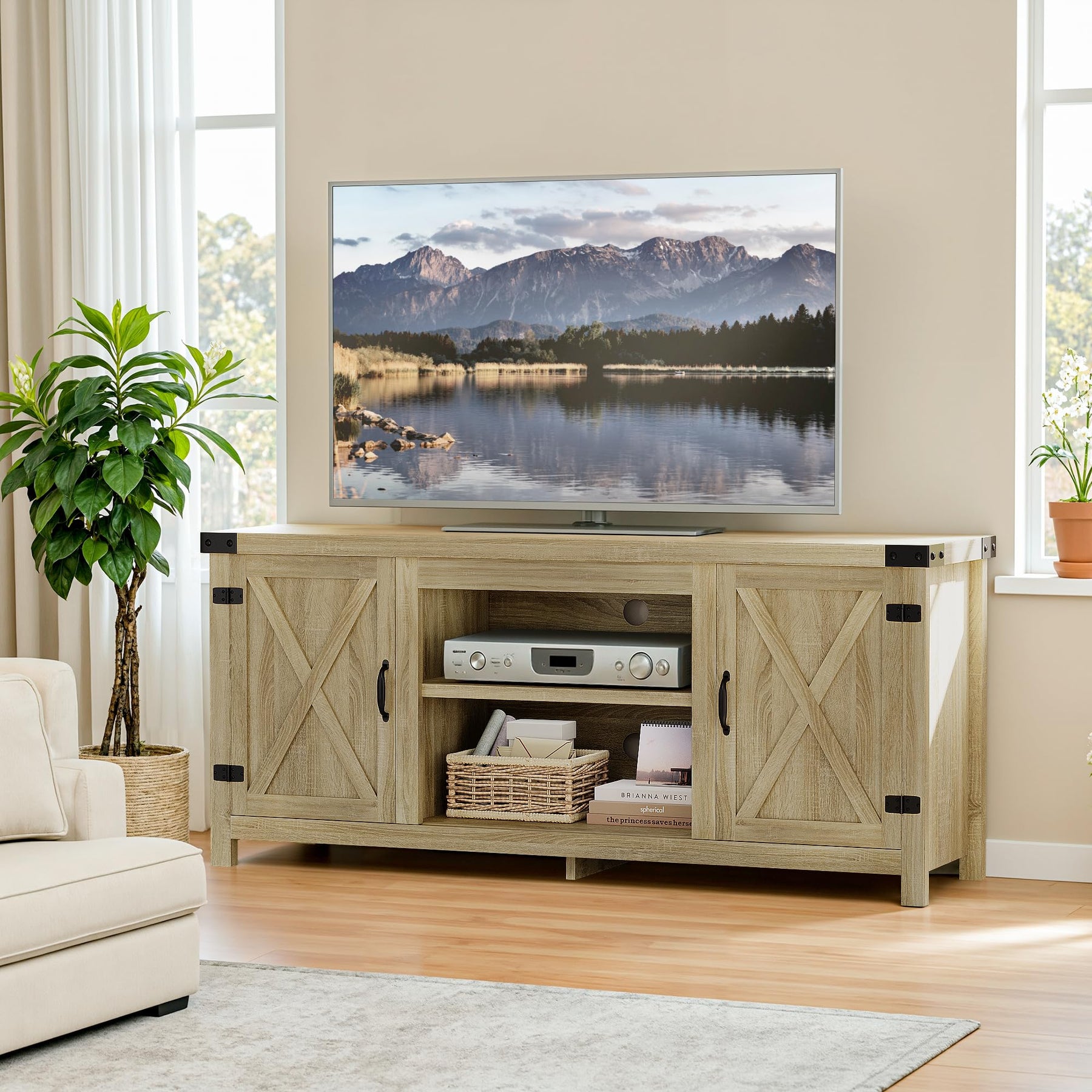YESHOMY Modern Farmhouse TV Stand with Barn Door for 65 Inch TV, Gray Wash