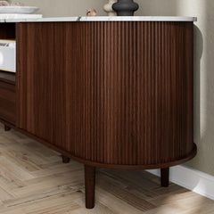 DHH 86.6" Fluted TV Stand with Power Outlet for TVs up to 90", TV Console with Adjustable Shelves and Sliding Door,Mid Century Modern Entertainment Center for Living Room,Bedroom (Walnut)