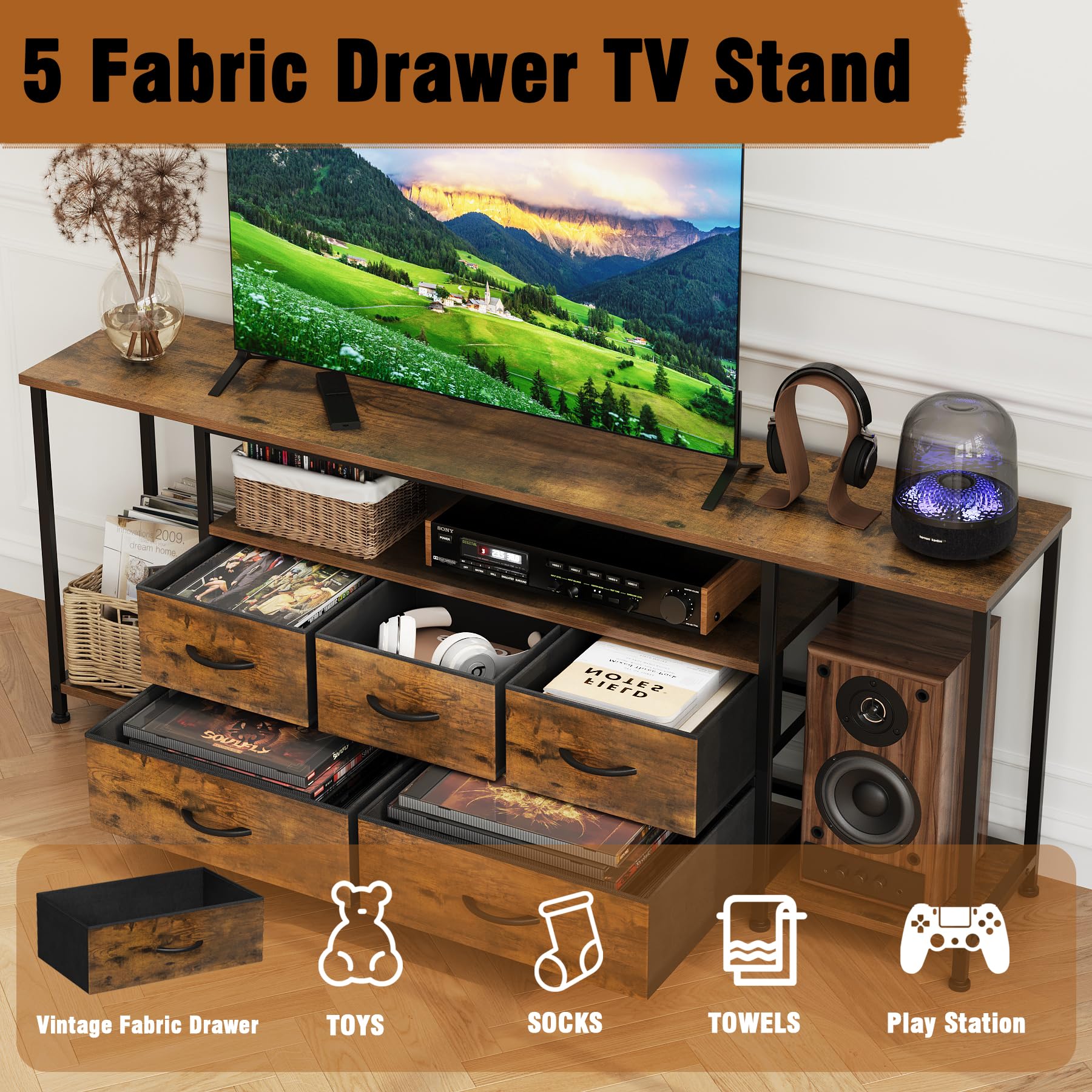 Welfuturer TV Stand for TVs Up to 75 Inch, Rustic Brown