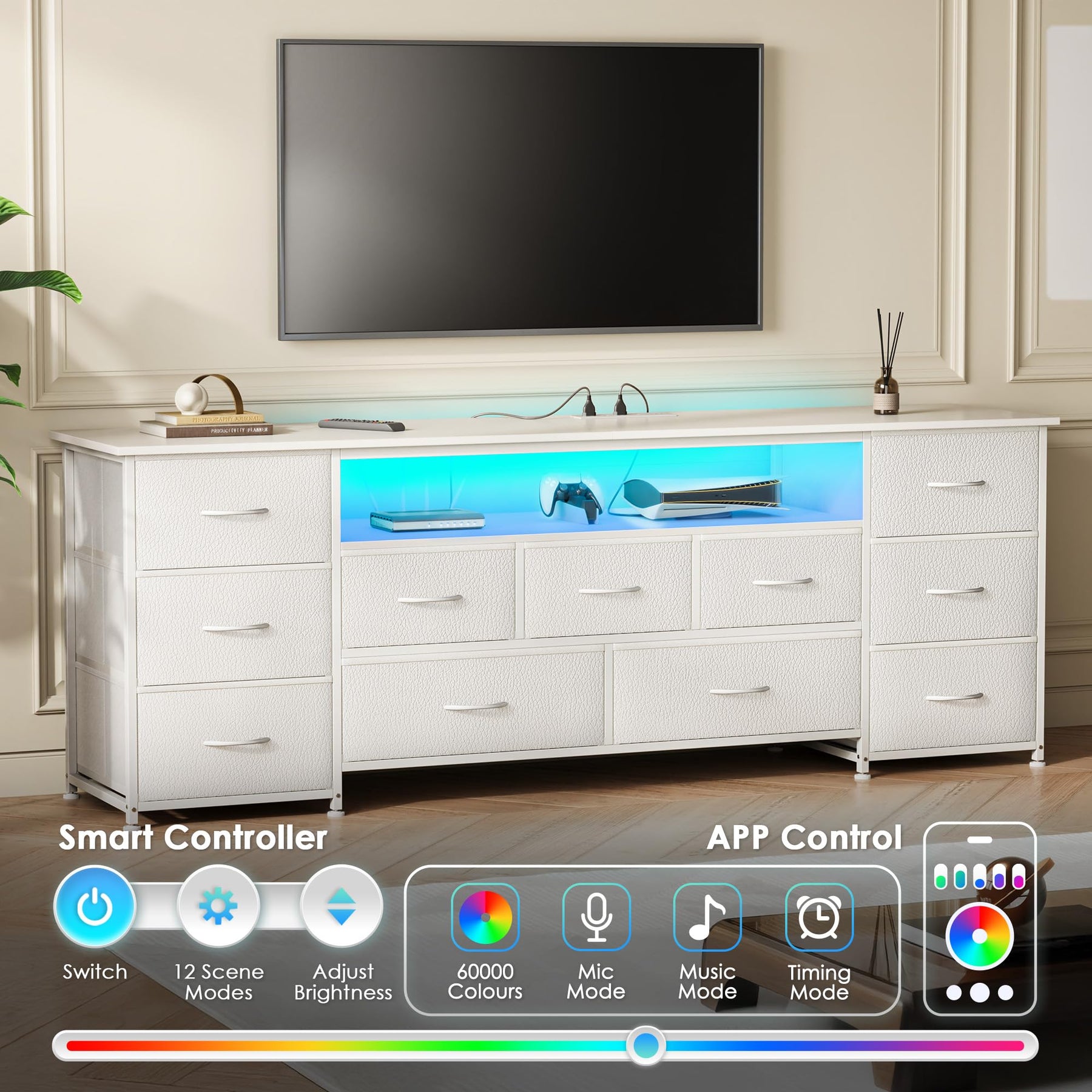 Huuger 63 Inch TV Stand for 65, 70 Inch TV, 11 Drawer Long Dresser with Power Outlets and LED Lights, Entertainment Center with Storage, Black Dresser with PU Leather Surface
