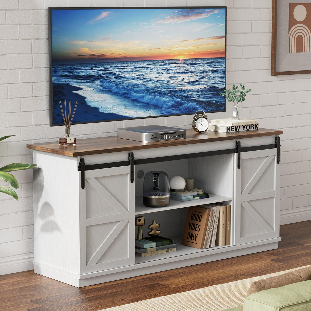 YESHOMY 58" Farmhouse TV Stand for TVs up to 65", Sliding Barn Doors, White