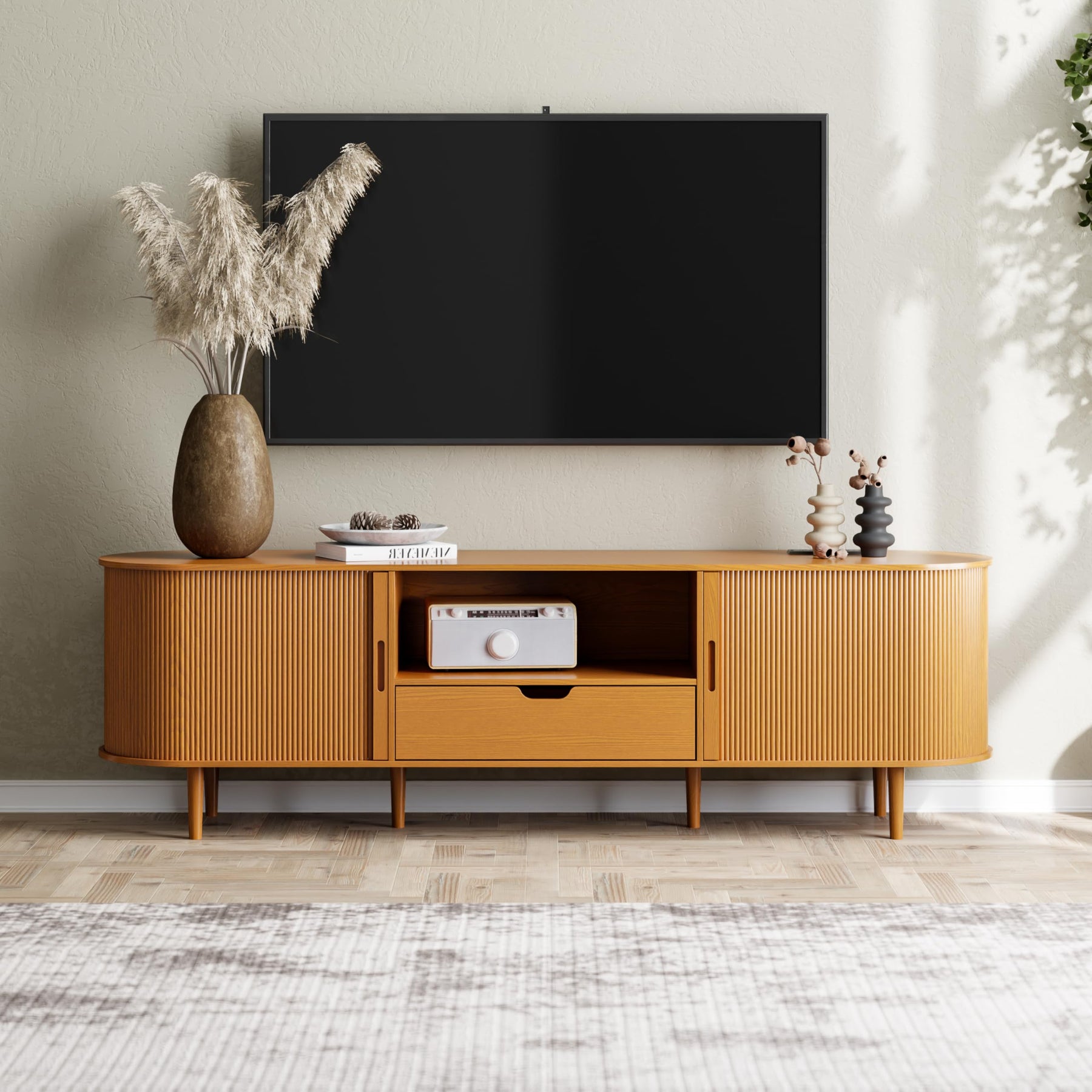 DHH 86.6" Fluted TV Stand with Power Outlet for TVs up to 90", TV Console with Adjustable Shelves and Sliding Door,Mid Century Modern Entertainment Center for Living Room,Bedroom (Walnut)