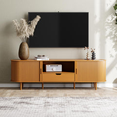 DHH 86.6" Fluted TV Stand with Power Outlet for TVs up to 90", TV Console with Adjustable Shelves and Sliding Door,Mid Century Modern Entertainment Center for Living Room,Bedroom (Walnut)