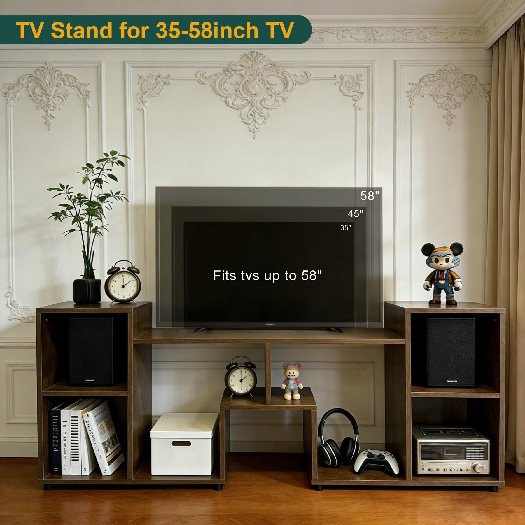 ACOHOOK Walnut 60" Mid-Century TV Stand with Storage Open Shelf