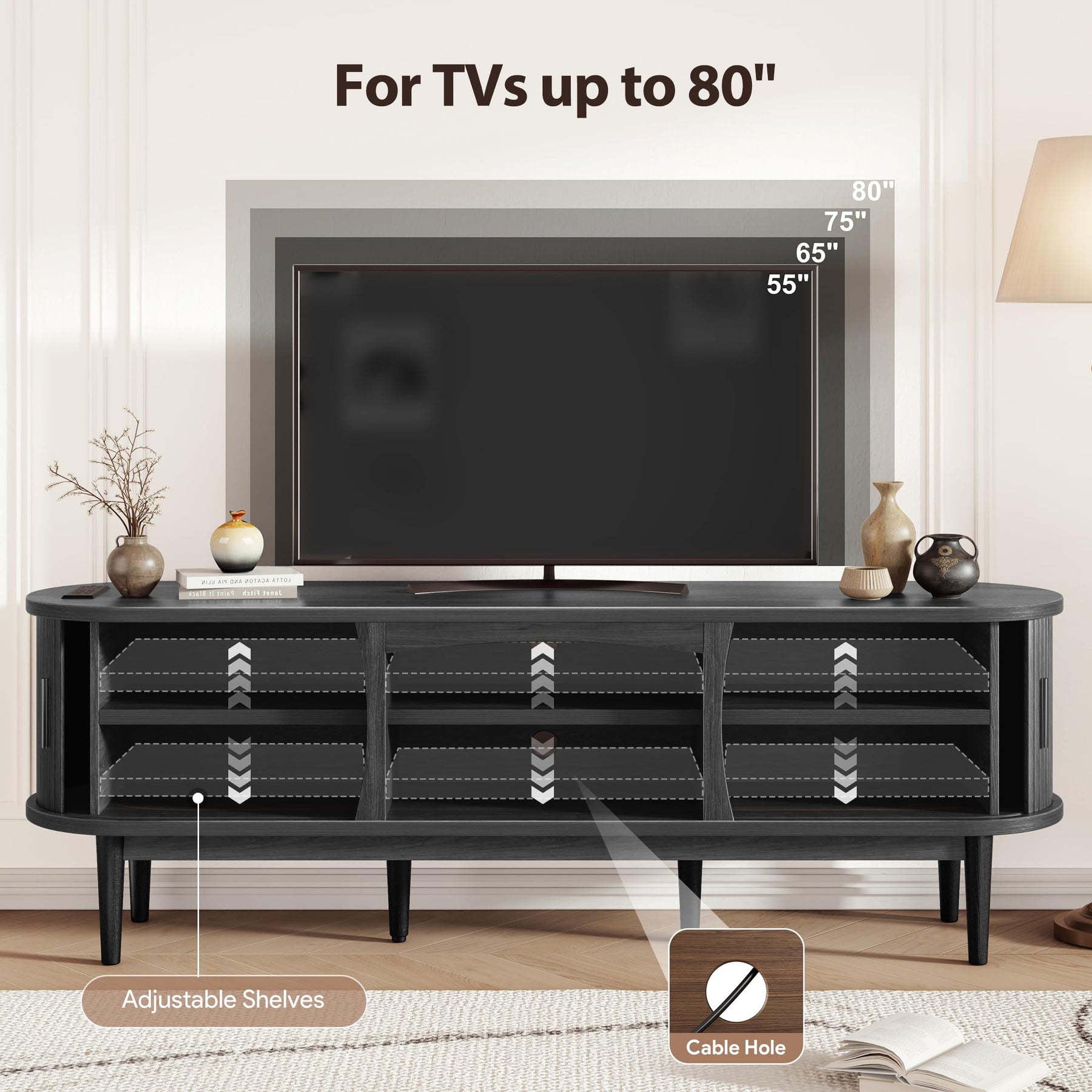 Decofy Mid Century TV Stand for TVs up to 80 Inches, Entertainment Center with Storage, Power Outlet, Fluted Sliding Doors & Adjustable Shelves, Modern Media TV Console Table for Living Room (Walnut)