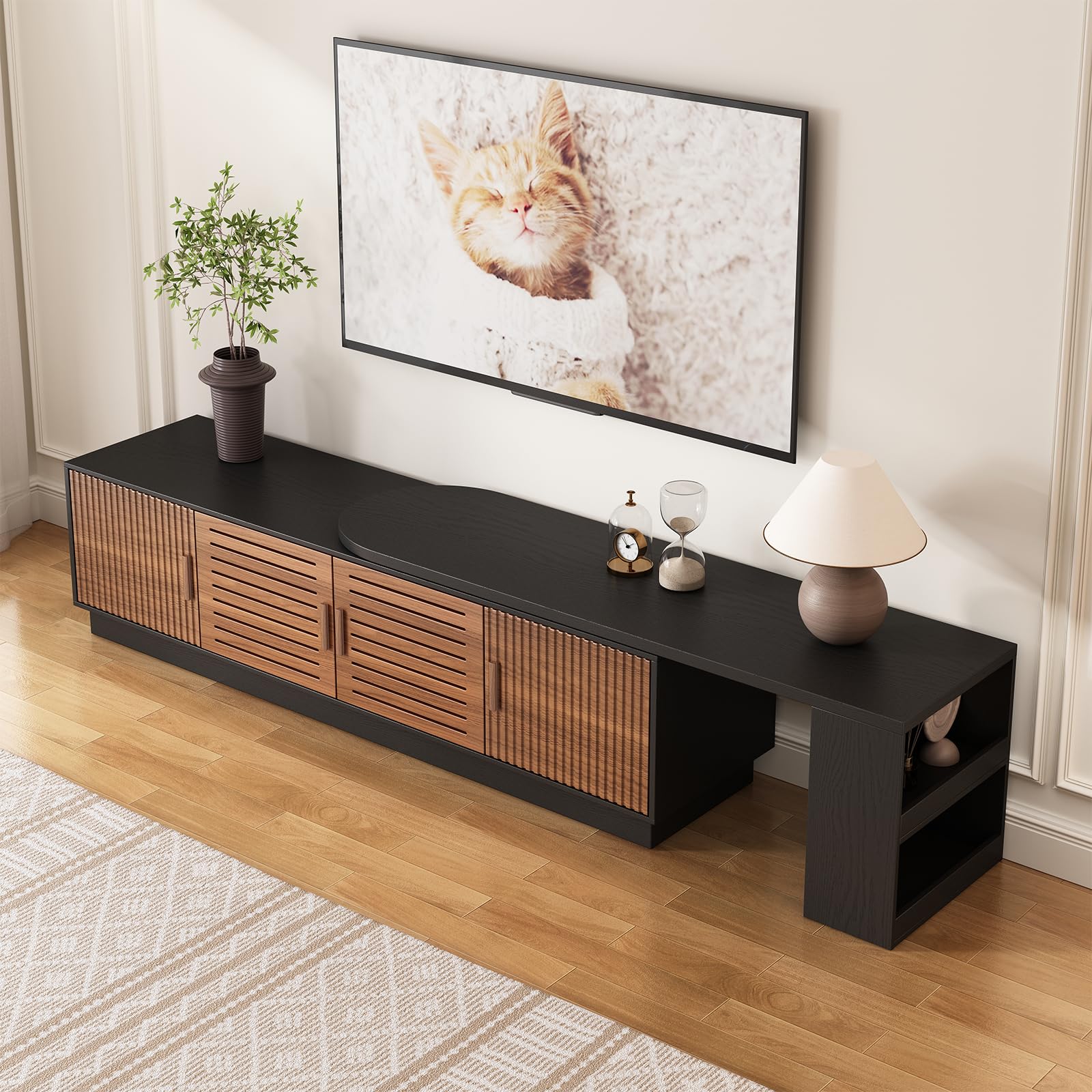 JGOEI 75"-85" or 90" Mid Century Modern TV Stands, Extendable TV Stand with 4 Storage Cabinets, TV Console with Storage, Adjustable TV Stand for Up to 98 Inch TVs, Modern Entertainment Center, Black