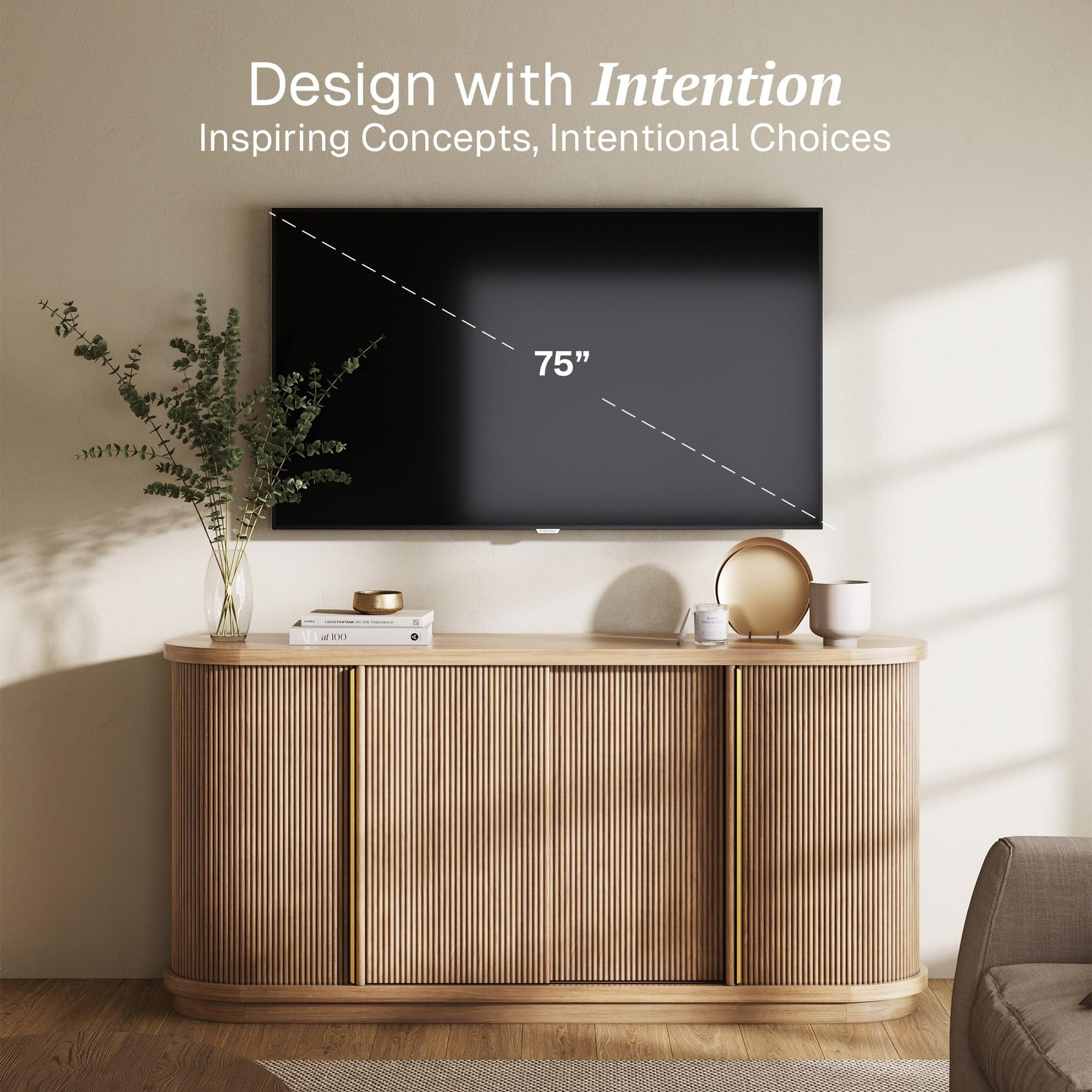 BELLEZE 67" Fluted TV Stand with Electric Fireplace Heater w/Sound, Curved Entertainment Center with Sliding Tambour Doors, Media Console Table for TV up to 75" for Living Room (Camel)