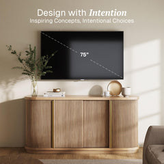 BELLEZE 67" Fluted TV Stand with Electric Fireplace Heater w/Sound, Curved Entertainment Center with Sliding Tambour Doors, Media Console Table for TV up to 75" for Living Room (Camel)